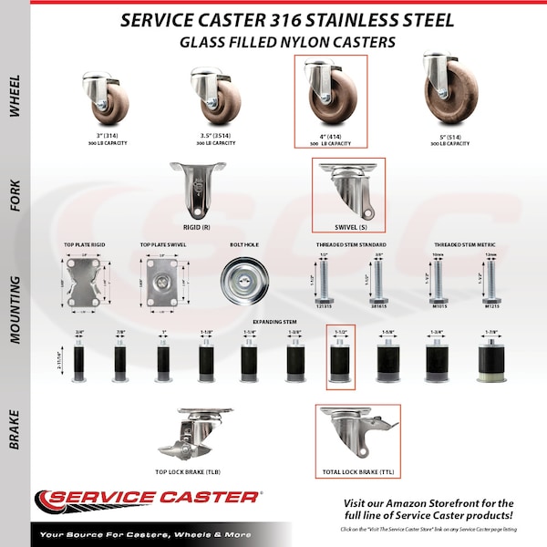 Service Caster 4 Inch 316SS High Temp Glass Filled Nylon 1-1/2 Inch Stem Caster Lock Brake SCC SCC-SS316TTLEX20S414-GFNSHT-112 - main